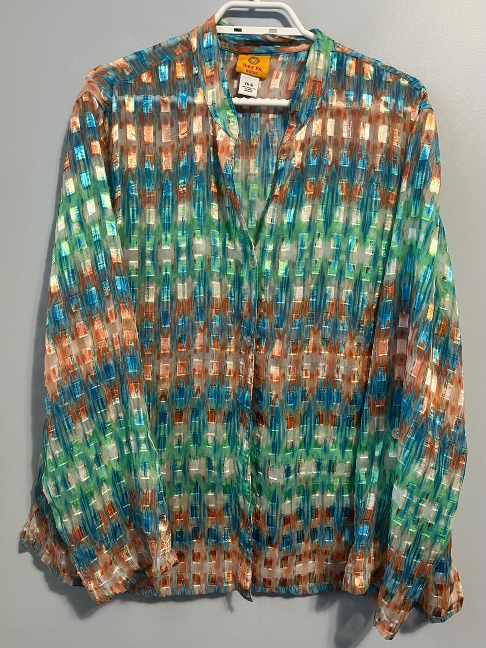 Ruby Rd Green Blue Orange Sheer Metallic Blouse Roll-Tab Sleeves Size 16